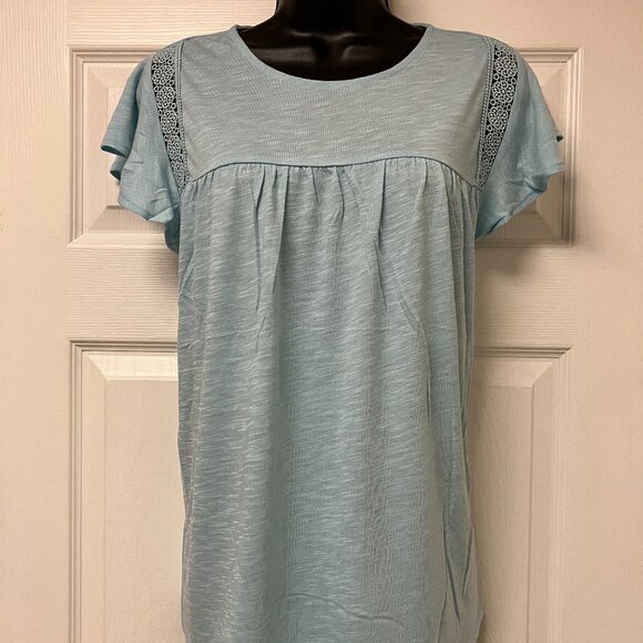 Bohemian Top Women's Boho Shirt Crochet Eyelet Flutter Short Sleeve Soft LARGE - Picture 3 of 7